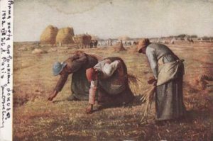 Atvirukas su Jean-François Millet paveikslo „Varpų rinkėjos“ reprodukcija ir Juozo Miltinio parašu